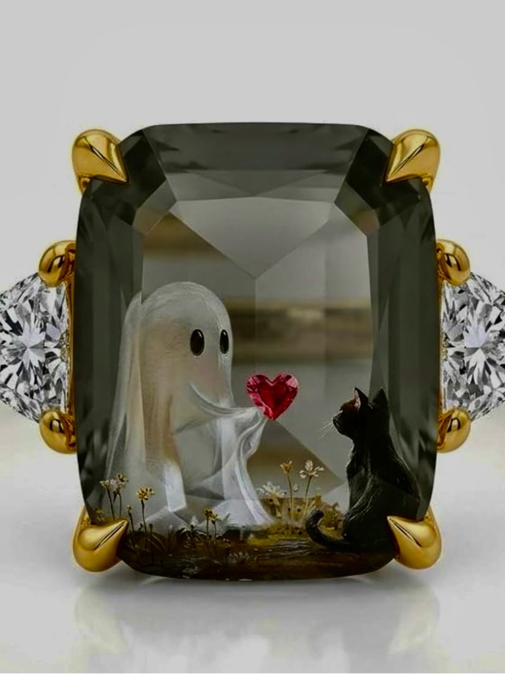 Gold-Setting Smoky Quartz Ring with Black Cat & Ghost Motif - Gold-toned